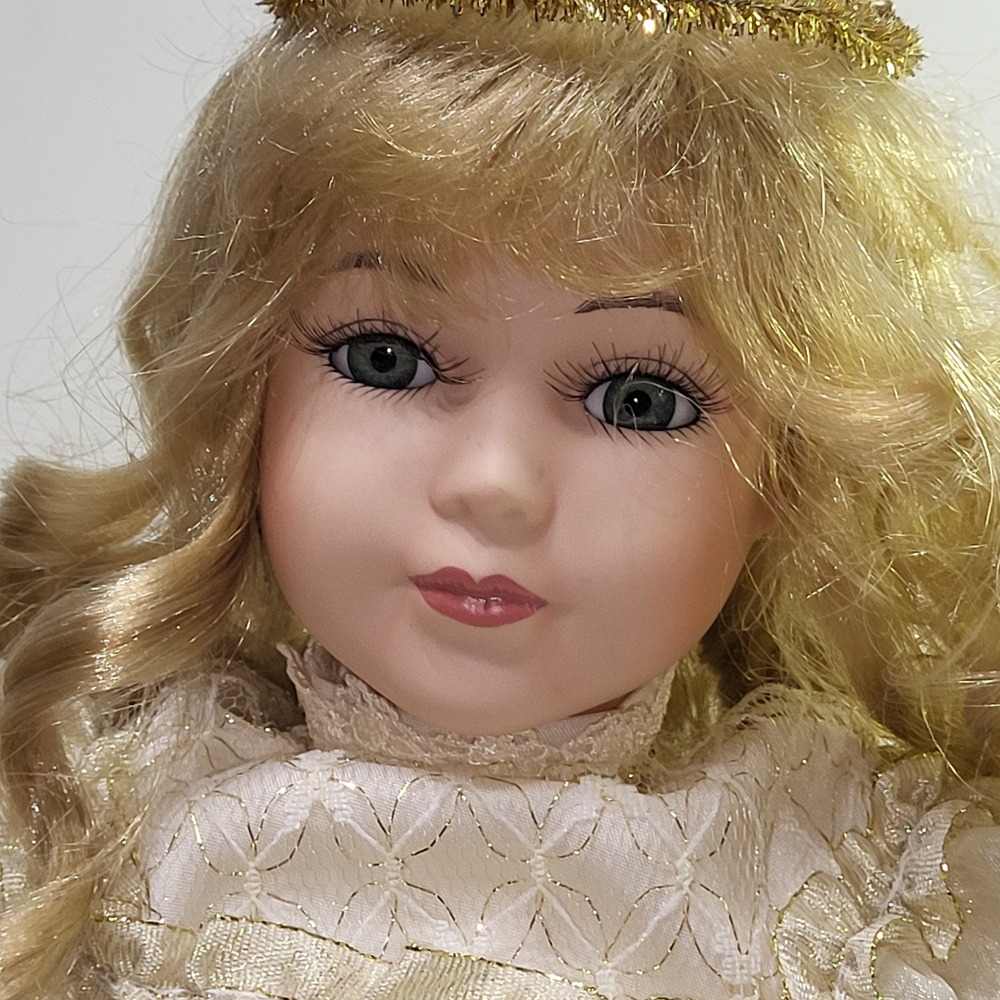 Bearington Collection Porcelain Angel Doll Cream Gold Lace 18 Inch Holiday Decor - Picture 3 of 9